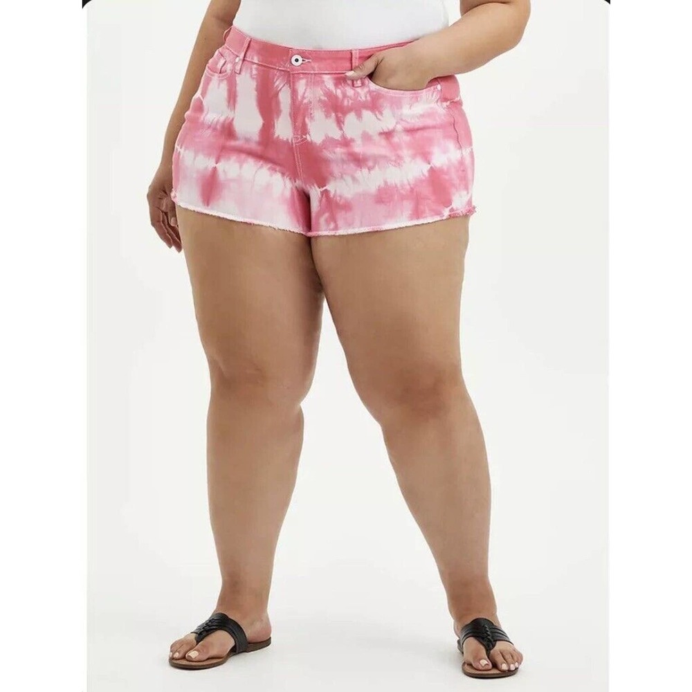 NEW Torrid Plus Size 18 Hot Pink White Tie Dye Stretch Denim Mid Rise Shorts